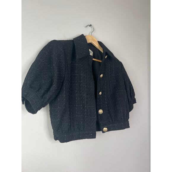 NEW L'agence Cove Cropped Cotton Tweed Checked Puffed Sleeve Jacket Black Size 0 - Picture 3 of 7